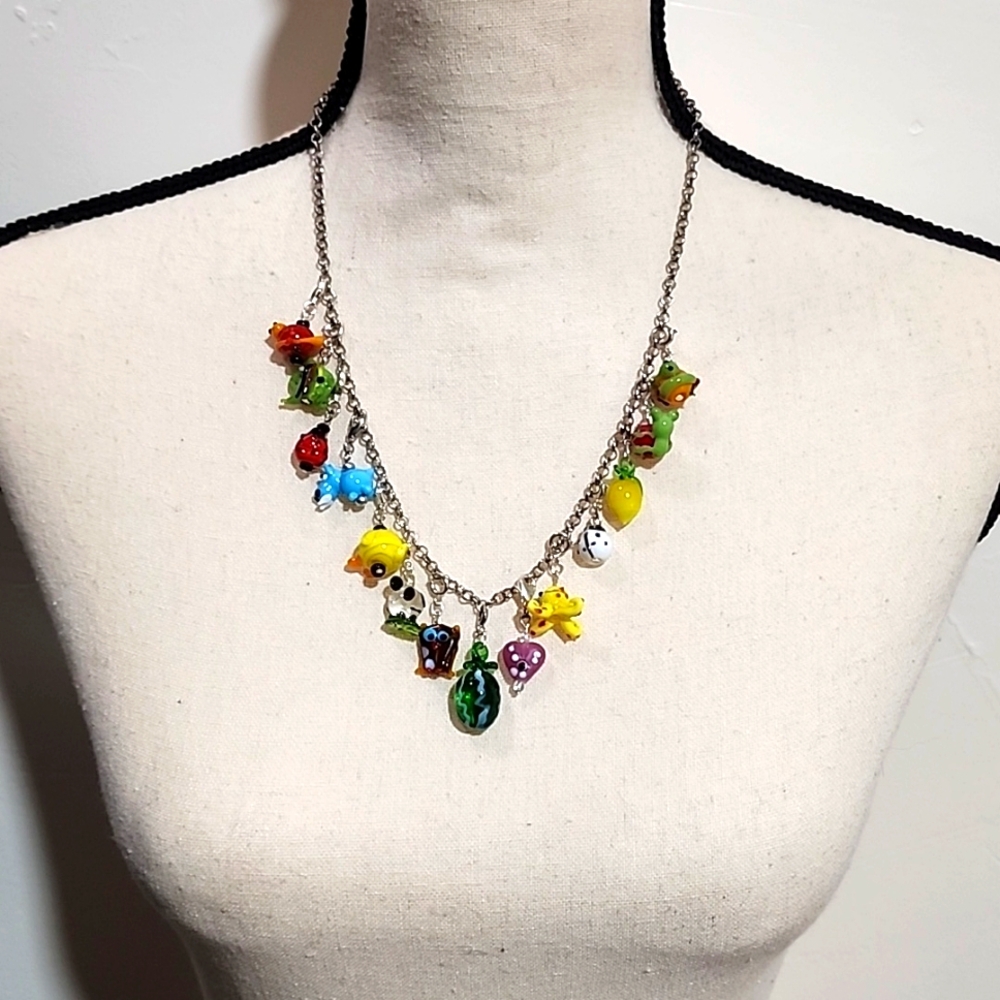 Hand Blown Glass Charm Necklace - 24" Long